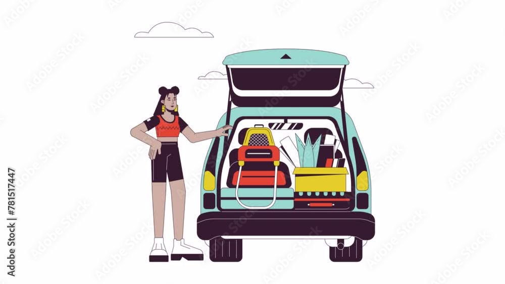 Packing Helper Animation College student car packing line cartoon animation. Preparing for road ...