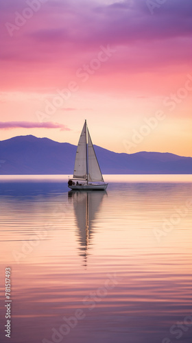 A solitary sailboat with weathered wood and white sails, floating on a serene lake at sunset. The lake mirror the sky's colors, blending shades of violet, pink, and orange. silhouettes of mountains.