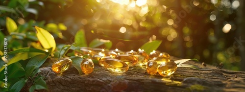 Shiny omega-3 capsules are spread on a rustic wooden surface surrounded by fresh green leaves, highlighted by warm sunlight.