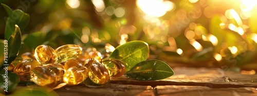Arranged gracefully on a weathered wooden surface, shiny omega-3 capsules are complemented by the vibrant hues of fresh green leaves, bathed in the soft glow of sunlight. photo