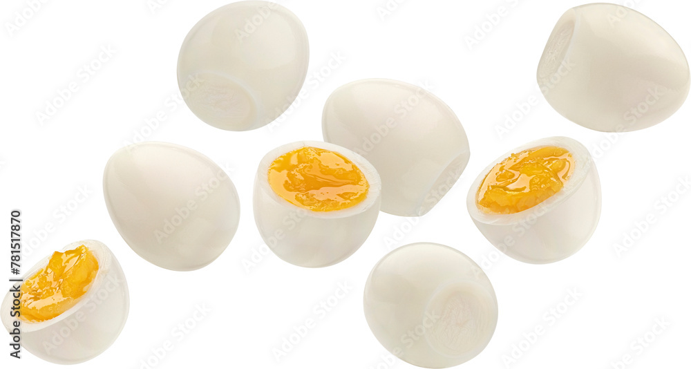 Falling peeled eggs isolated on white background Falling peeled eggs isolated on white background