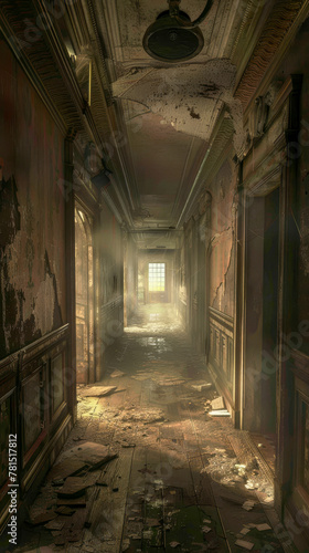 Eerie Abandoned Asylum Interior with Sunlight Beam