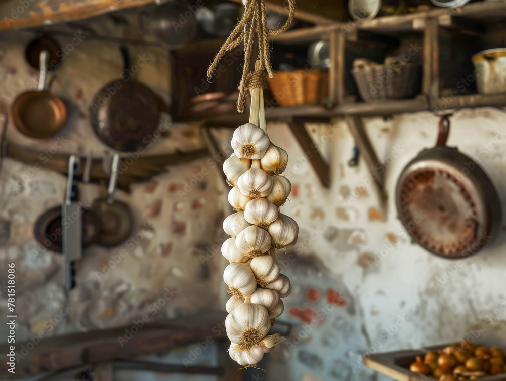 Rustic Kitchen Interior With Garlic Braid Hanging Rustic Kitchen Interior With Garlic Braid Hanging
