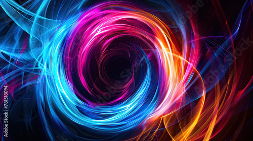 Abstract ring background with luminous swirling backdrop. Glowing spiral , on black background 