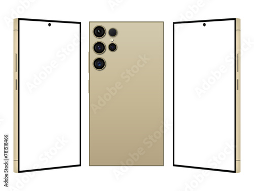 Samsung Galaxy S24 ultra front and back Golden display. New Release Android Smartphone mock up. Realistic vector mock up.