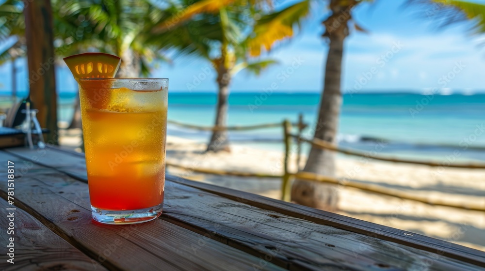 cocktail on wooden surface, Caribbean Beach bar, palm trees and ocean in the background --ar 16:9 Job ID: 5d773f6d-bb47-42e4-9a62-1c062da4b407 cocktail on wooden surface, Caribbean Beach bar, palm trees and ocean in the background --ar 16:9 Job ID: 5d773f6d-bb47-42e4-9a62-1c062da4b407