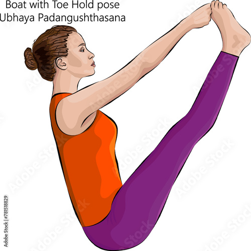 Young woman practicing Ubhaya Padangushthasana pose. Boat with Toe Hold pose. Both Big Toes or Double Toe Hold pose. Isolated vector illustration. photo
