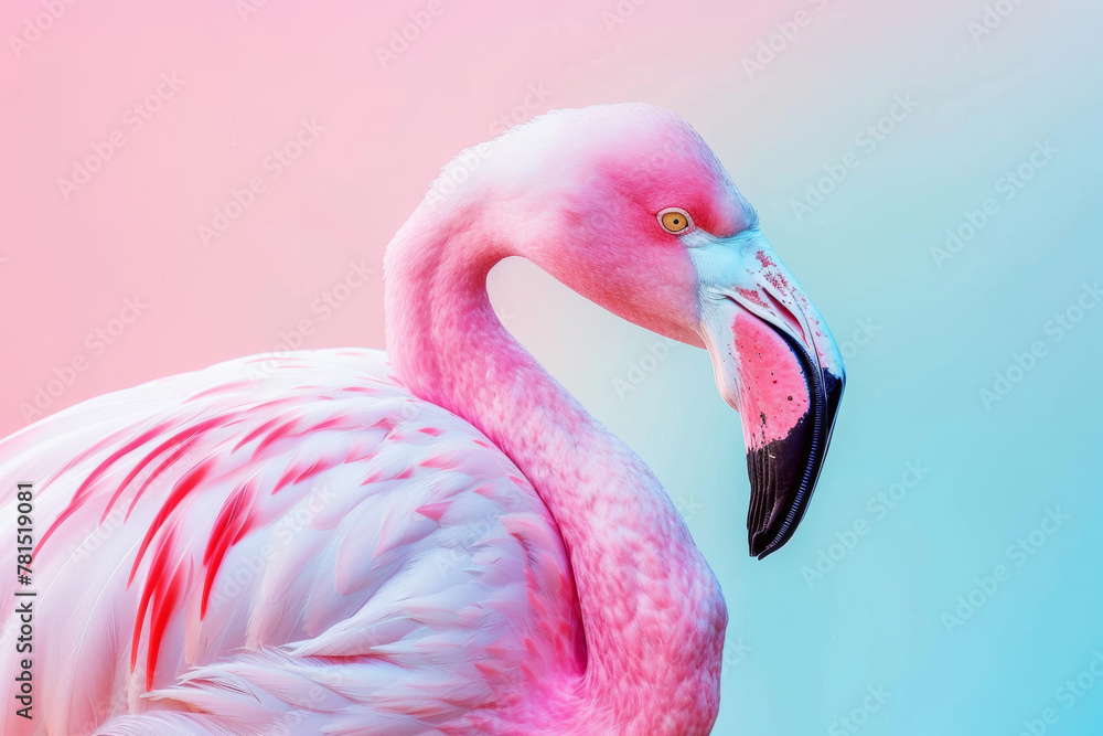 Naklejka premium Pastel Flamingo Portrait, Close-Up Profile Shot with Soft Lighting