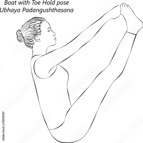 Sketch of woman practicing Ubhaya Padangushthasana pose. Boat with Toe Hold pose. Both Big Toes or Double Toe Hold pose. Isolated vector illustration.
