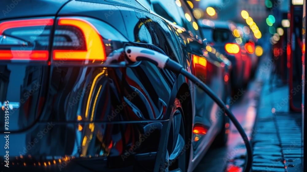 Electric cars charging at a car station in a city. Generate AI image Electric cars charging at a car station in a city. Generate AI image
