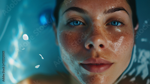 a confident woman immersed in a spa floatation tank  embracing the sensory deprivation experience for ultimate relaxation and mental well-being.
