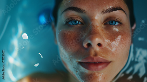 a confident woman immersed in a spa floatation tank, embracing the sensory deprivation experience for ultimate relaxation and mental well-being.