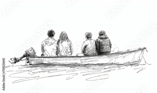 eople sitting on the edge of a boat, line drawing white background simple details, minimalism Generative AI photo