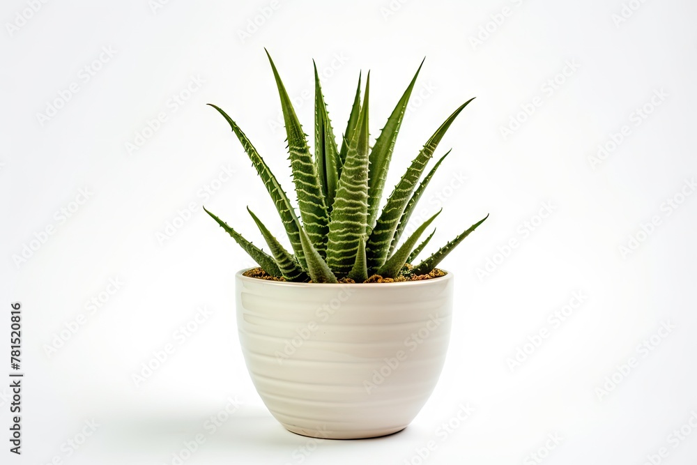 Fototapeta premium Aloe Vera in Pot Isolated, Mini Aloe Vera Plants Growing in Home Pots, Aloevera Ingredient