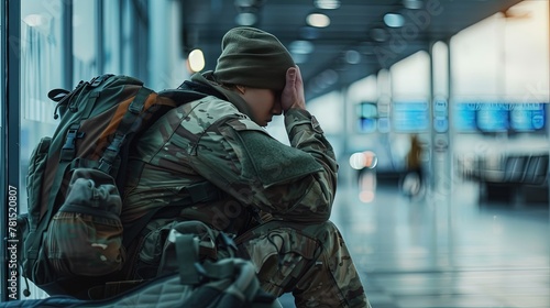 Depressed soldier with a backpack. He is sitting in the airport waiting room. Silent struggles behind weary eyes.