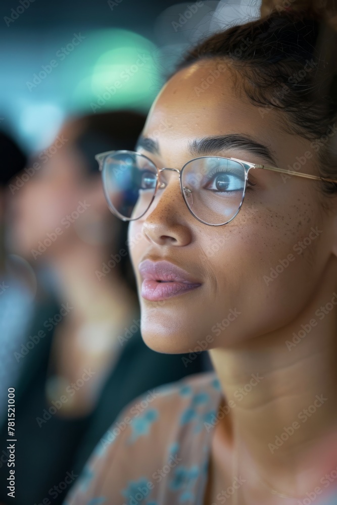 close-up portrait, a woman wearing glasses engages in conversation with her team during a meeting in an office setting
close-up portrait, a woman wearing glasses engages in conversation with her team during a meeting in an office setting