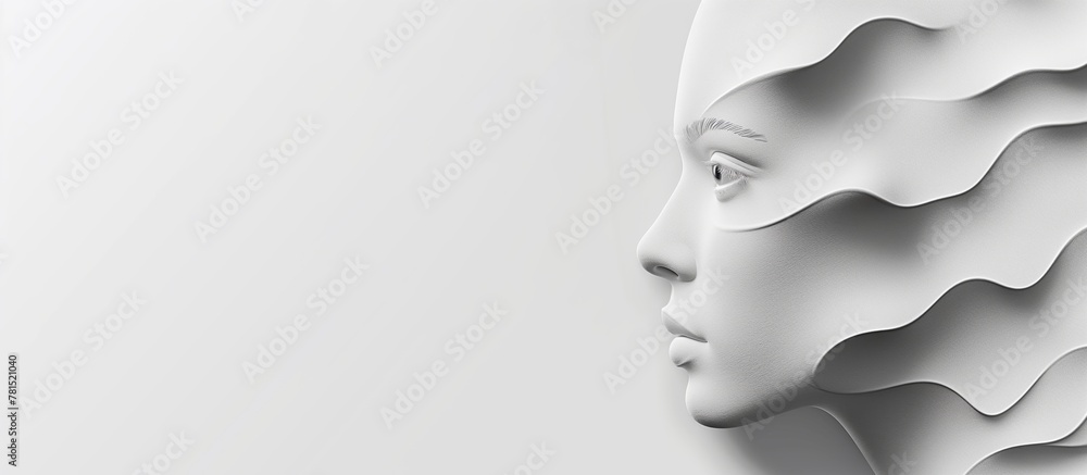 The face of a beautiful woman in the shape of a wave on a white background, in 3D style. with an empty copy space The face of a beautiful woman in the shape of a wave on a white background, in 3D style. with an empty copy space