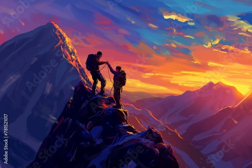Illustration of two climbers extending a helping hand to each other at the top of the mountain, sunset view