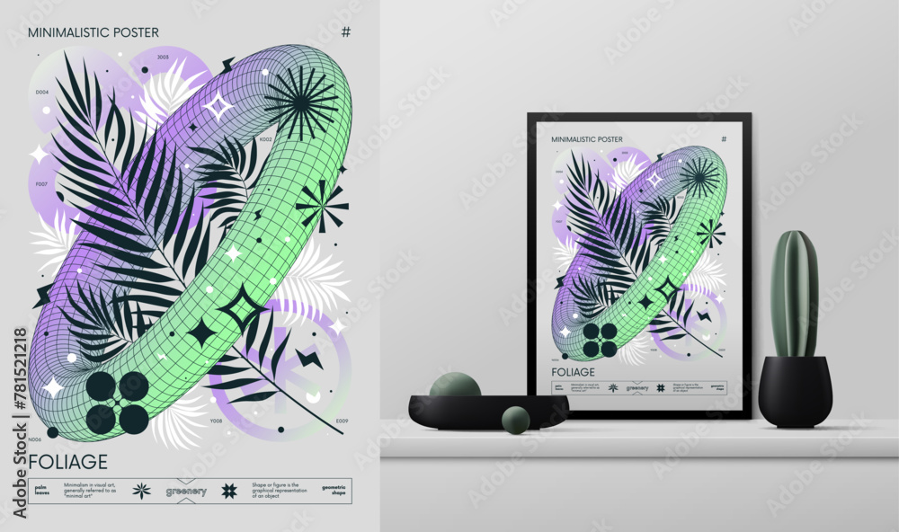 Vector gradient minimalistic rave Poster with strange wireframes graphic of geometrical shapes Y2K design inspired by brutalism and mockup in the interior, lilac lime torus frame with tropical leaves - obrazy, fototapety, plakaty 
