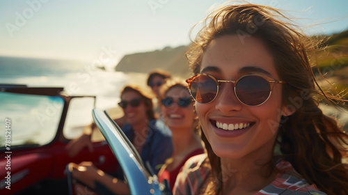 a group of friends enjoying a coastal road trip in a classic convertible, with wind in their hair and the scenic ocean view stretching ahead.  © kian