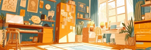 Illustration Boy's room, room for a little boy with toys, bed and table, banner © Henryzoom