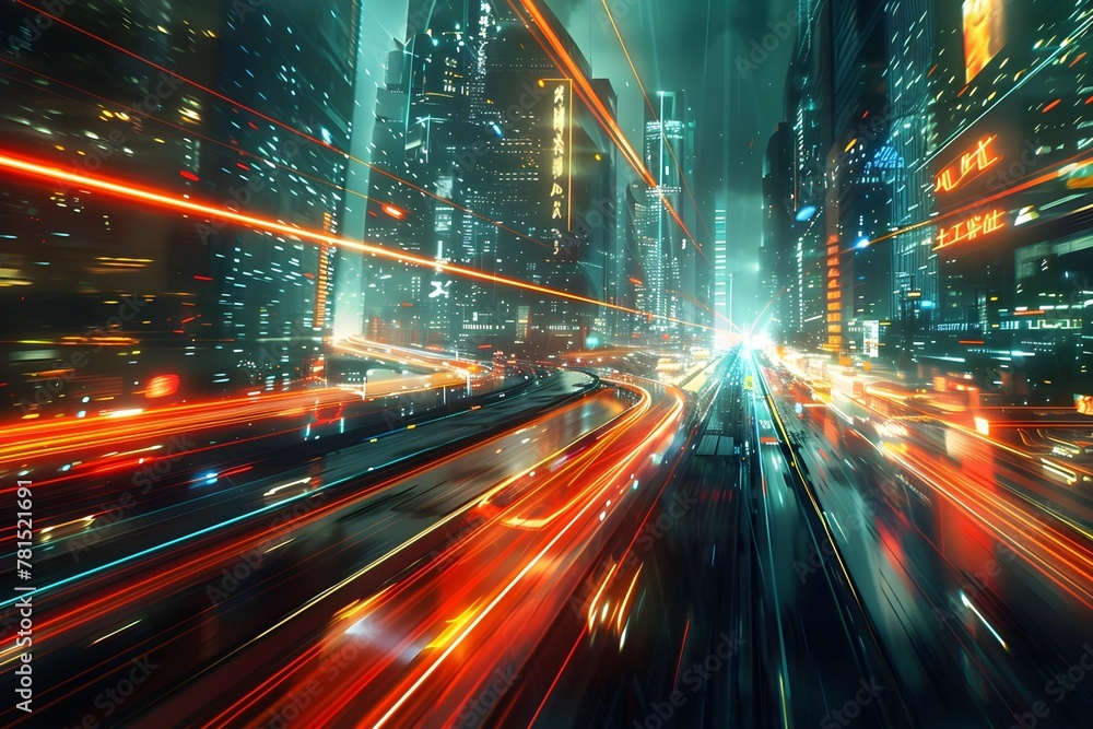 A dynamic long exposure shot of city traffic at night with vibrant light trails and towering skyscrapers creating a futuristic urban scene.