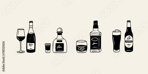 Line art doodle alcoholic drinks. Wine, beer, tequila, whiskey illustration © Maria