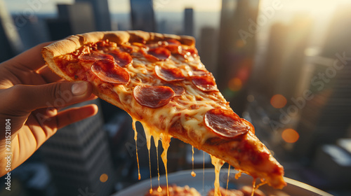close-up of construction worker hand taking a slice of pepperoni pizza with cheese stretching as it is taken from a pizza, skyscrapers blurred in the background