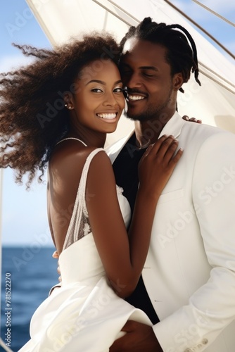African American bride and groom relaxing on a yacht