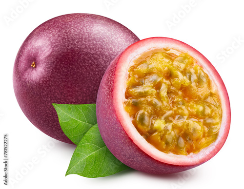 Passion fruit half isolated. Passionfruit half of maracuya isolated on white background. Passion Clipping path