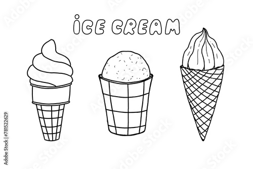 collection of ice cream in a waffle cone  cup line art photo