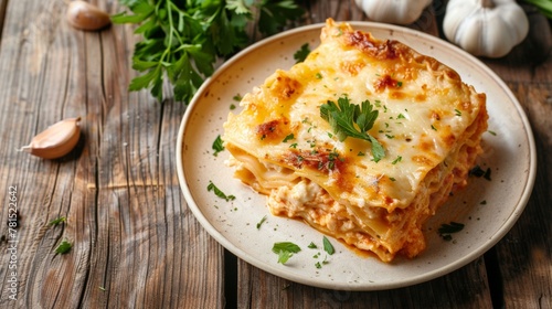 Plate of lasagna topped with parsley