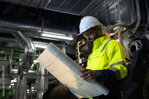 Mechanical engineer with green safety jacket hold the blue print drawing working at site line of HVAC control room