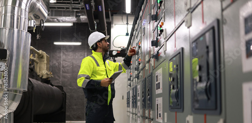 Specialist HVAC Industrial engineer with green safety jacket and PPE check piping and HVAC control system, maintenance service 