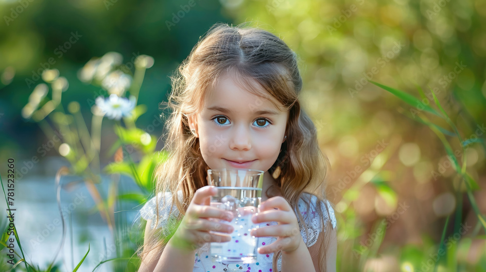little girl drinks water in nature little girl drinks water in nature