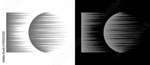 Dynamic parallel lines in circle. Abstract art geometric background for logo or icon. Black shape on a white background and the same white shape on the black side.
