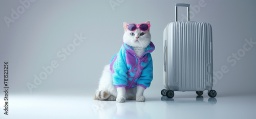 Illustration originale d'un chat blanc avec sa valise, photo de vacances, fond neutre gris, portrait fun et décalé © JLV