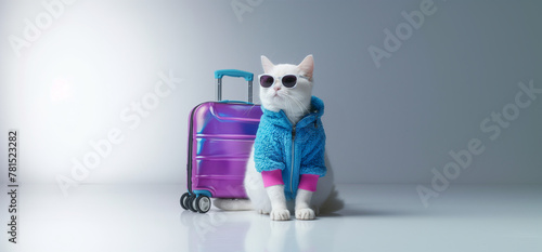 Portrait d'un chat blanc avec sa valise violette, illustration décalée type photo de vacances, fond gris neutre © JLV