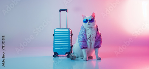 Portrait illustré d'un chat blanc en doudoune avec sa valise, photo de vacances sur fond bleu-rose neutre, illustration fun et décalée photo