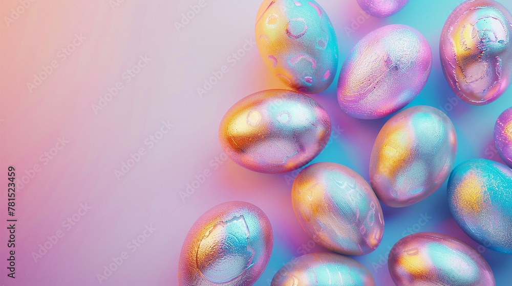 Holographic Metallic Painted Easter Eggs On Gradient Background With Copy Space. Vivid Colorful Easter Banner. Holographic Metallic Painted Easter Eggs On Gradient Background With Copy Space. Vivid Colorful Easter Banner.