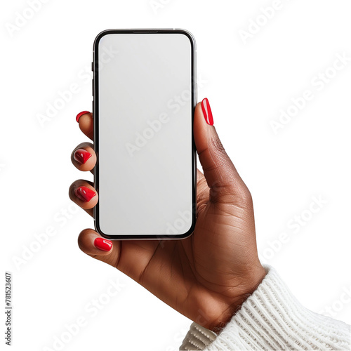 African American woman holding smartphone with blank screen