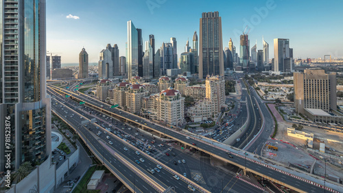 Skyline view of the buildings of Sheikh Zayed Road and DIFC day to night timelapse in Dubai  UAE.
