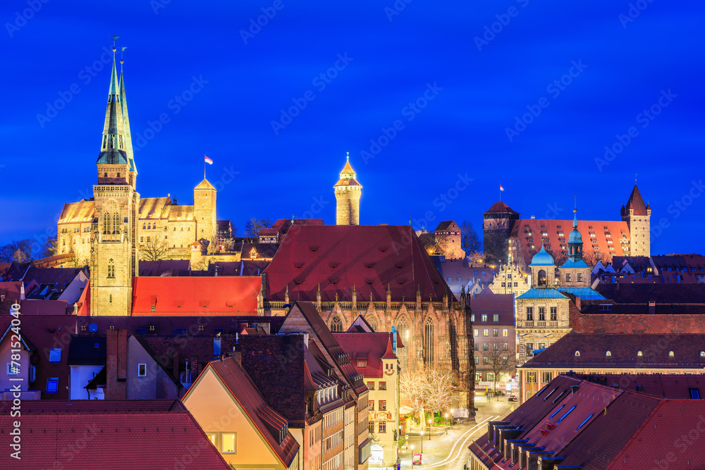 Nuremberg, Germany. St. Sebaldus Church and Nuremberg Castle. Franconia, Bavaria.