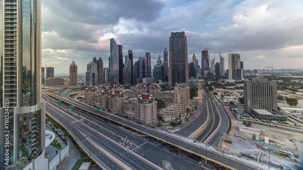 Skyline view of the buildings of Sheikh Zayed Road and DIFC timelapse in Dubai, UAE.