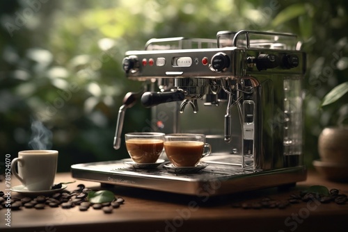 Coffee machine with hot coffee. Outdoor