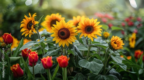Bright sunflowers standing tall among colorful red tulips in a lush garden, symbolizing the joy of summertime.