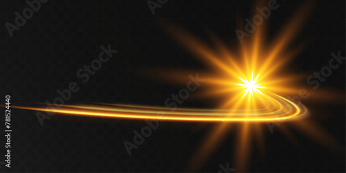 Light wave of shiny gold lines.Gold color glowing design element.Wavy bright stripes.
