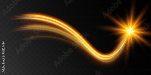 Light wave of shiny gold lines.Gold color glowing design element.Wavy bright stripes.

