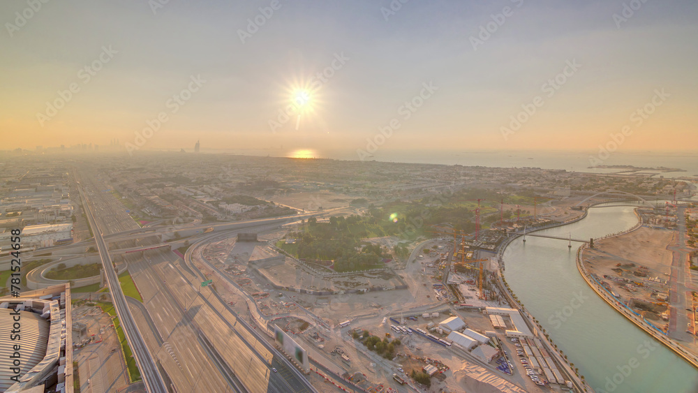 Panorama and aerial view of coastline Dubai at sunset timelapse, United Arab Emirates