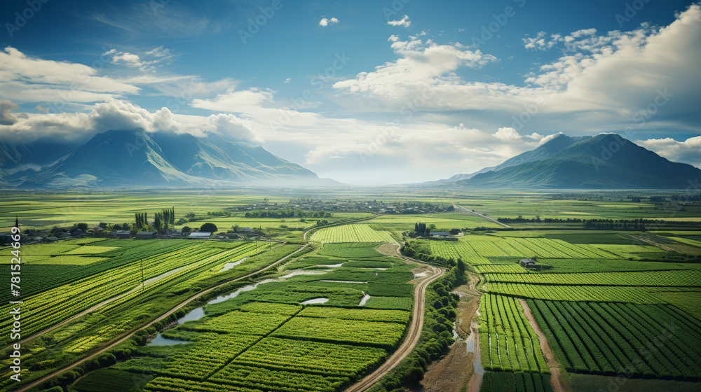 Farm with fields of crops, tractors, and machinery involved in food production for a growing population.